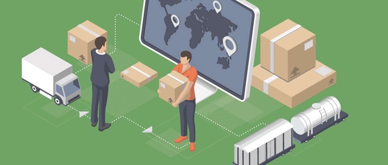 Scène vente au détail avec des hommes d'affaires animés et un ouvrier vérifiant et transportant des colis d'une chaîne de production dans un entrepôt, à côté d'un camion et d'une carte du monde
