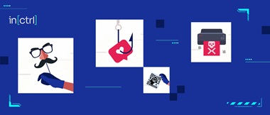 Four icons of a mask, fish hook , QR code and skull and crossbones on blue background with in[ctrl] logo
